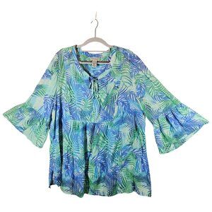 Catherines Blouse 1X Womens Bell Sleeve Top Blue Green Leaf Print Gauzy Peasant